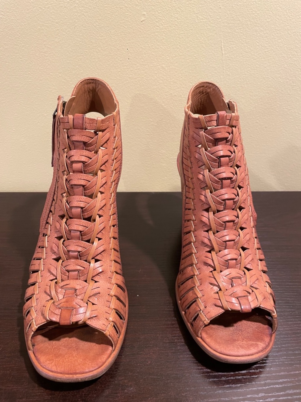 Women’s Leather Woven Peep-Toe Ankle Boot